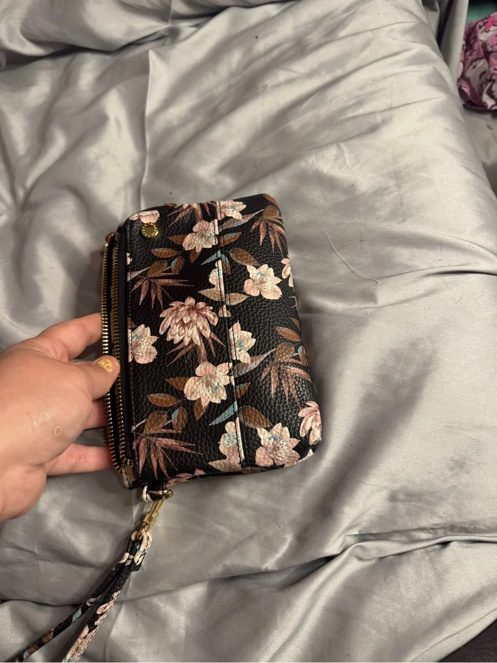 Steve Madden Black Floral Wristlet Crossbody with Gold Accent